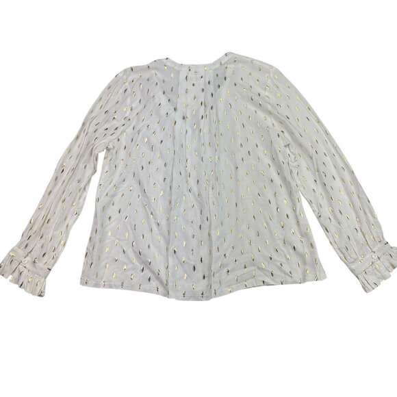 Solitaire White/Gold Geometric Foil Neck Tie ruffle cuff Blouse Women's sz XL - Picture 3 of 9